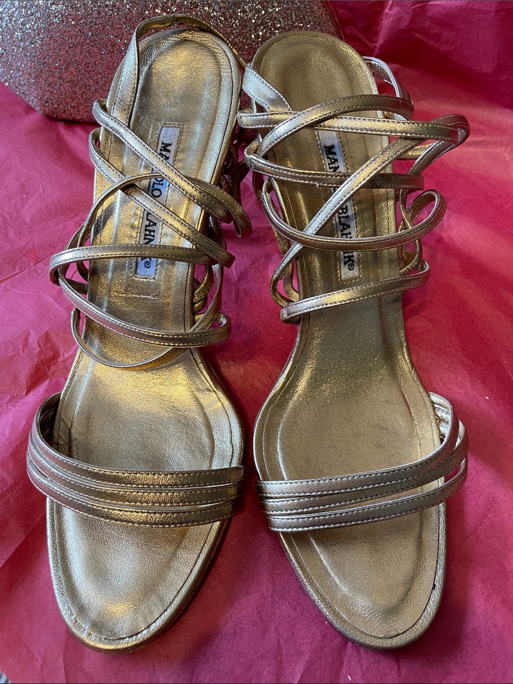 Manolo Blahnik Metallic Gold Multi-Strap Heeled Sandals - bonus cute gold clutch - Picture 2 of 14